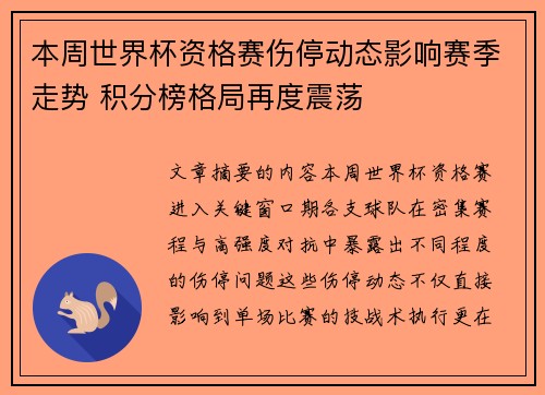 本周世界杯资格赛伤停动态影响赛季走势 积分榜格局再度震荡